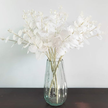 19" Faux Flowers Artificial Silk Silver Dollar Eucalyptus Stems Fake Plant for Vase Home Wedding Decor 3 Pcs (White)