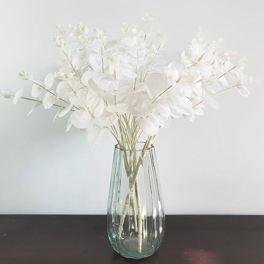 19" Faux Flowers Artificial Silk Silver Dollar Eucalyptus Stems Fake Plant for Vase Home Wedding Decor 3 Pcs (White)