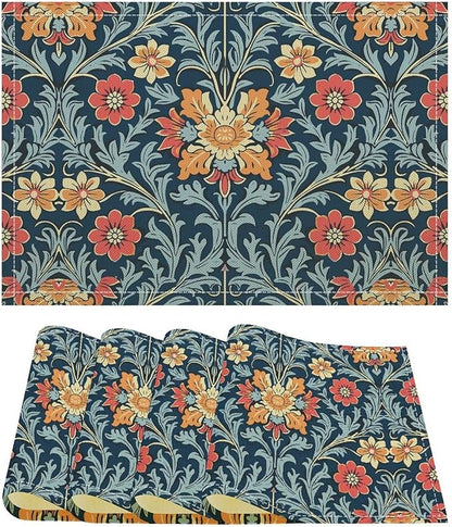 William Morris Vintage Floral Placemats Rural Farmhouse Floral Art Printed Dining Table Mats Set of 4 for Home Kitchen Holiday Picnic Party Decoration 12x18in