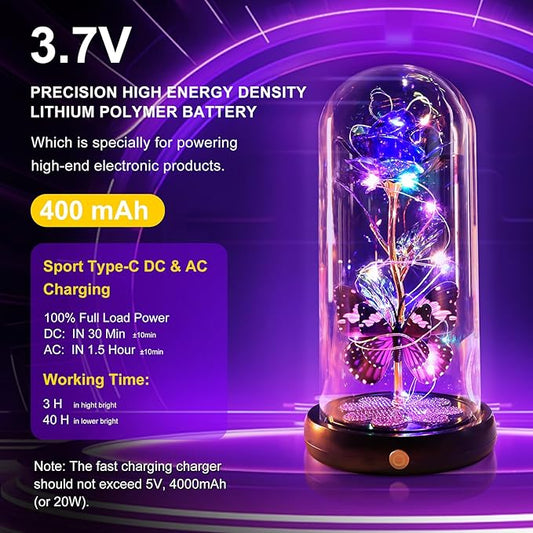 Christmas Rose Gifts for Women, Womens Gift for Christmas Rechargeable Galaxy Glass Rose Light Up Roses In Glass Dome Crystal Flower Butterfly Birthday Xmas Gifts for Women Wife Grandma Sister Purple