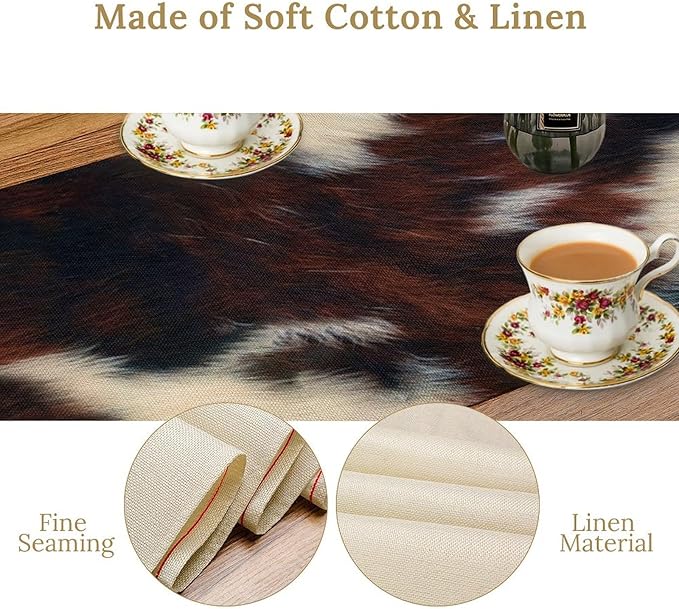 Cow Skin Print Table Runner, Vintage Cottage Country Animal Fur Skin Pattern Western Style Farmhouse Black Brown Cowhide Print Dinner Runner Home Kitchen Dining Table 13x60in