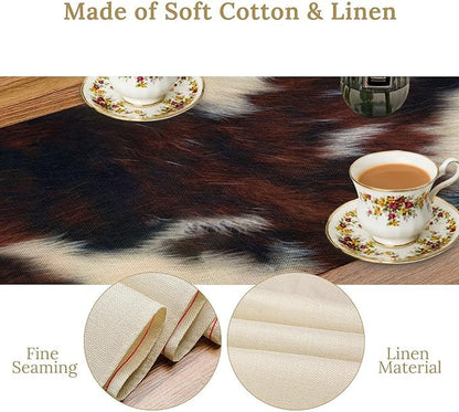 Cow Skin Print Table Runner, Vintage Cottage Country Animal Fur Skin Pattern Western Style Farmhouse Black Brown Cowhide Print Dinner Runner Home Kitchen Dining Table 13x36in