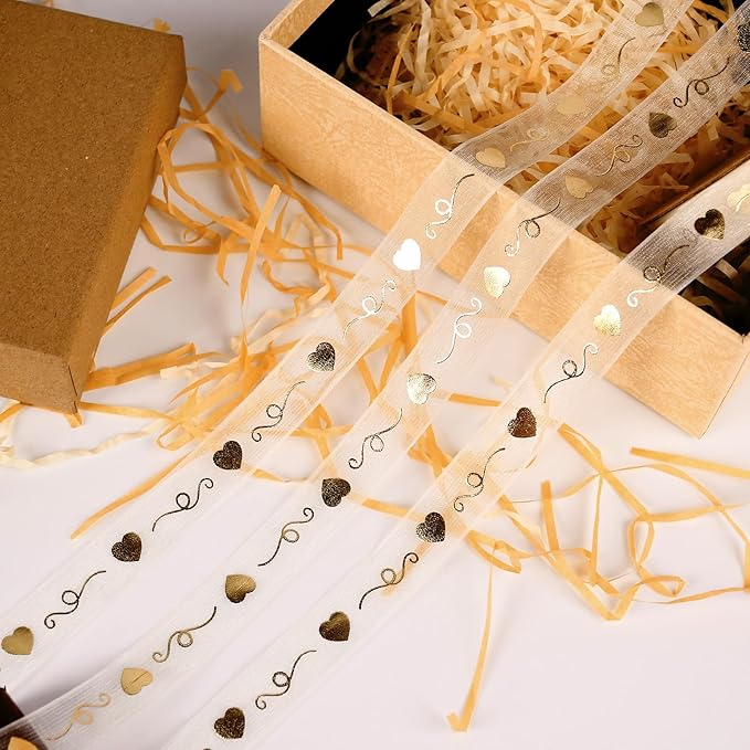 ‌SAYUAN Gold Hearts Ribbon 5/8 Inch x 30 Yards Organza Ribbon with Gold Heart Pattern for Valentine's Day Birthday Christmas Gift Wrapping Handmade Crafts Floral Bouquet Wedding Party Decoration
