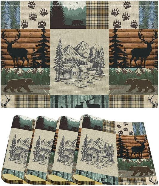 Cabin Bear Deer Moose Placemats Vintage Animal Rustic Lodge Country Art Printed Dining Table Mats Set of 4 for Home Kitchen Holiday Picnic Party Decor 12x18in