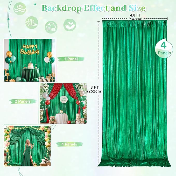 Wrinkle Free Green Backdrop Curtain for Parties Soft Photo Backdrop Drapes Curtains for Christmas Wedding Bithday Decor 4x8ft,4 Panels