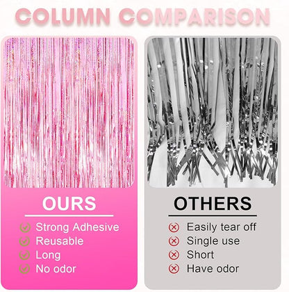 3 Pack 3.3x8.2 Feet Laser Pink Foil Fringe Backdrop Curtains, Tinsel Streamers Birthday Party Decorations, Fringe Backdrop for Graduation, Baby Shower, Gender Reveal, Disco Party