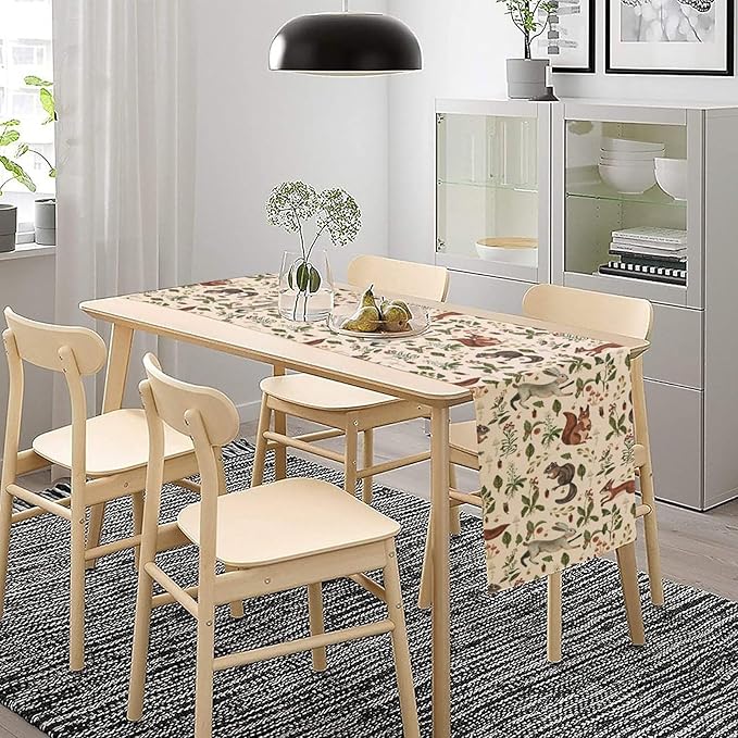 Rustic Forest Table Runner, Cartoon Woodland Wild Animals Rabbit Fox Vintage Botanical Mushroom Herbs Table Cover for Indoor Outdoor Home Decor Party, 13x90inch