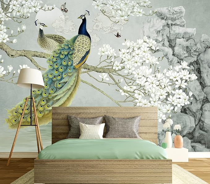 Eierme-Flower Pattern Peacock Illustration Wallpaper Mural Wallpaper Peel and Stick 160" x 114"