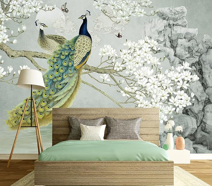 Eierme-Flower Pattern Peacock Illustration Wallpaper Mural Wallpaper Peel and Stick 160" x 114"
