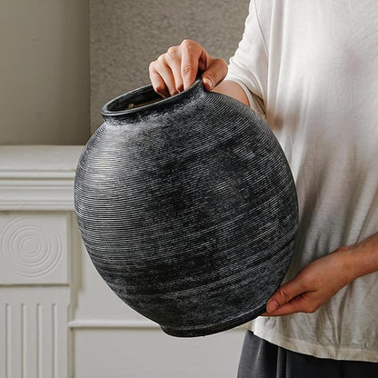 Large Black Ceramic Vase, 10.8 inch Round Minimalist Textured Floor Vase, Rustic Farmhouse Decor for Home, Living Room, Shelf, Table, Bathroom & Entryway Decoration (Black Bronze)