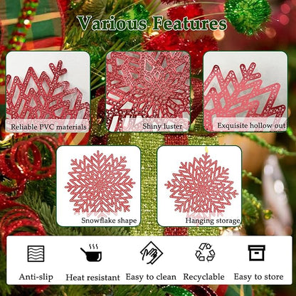 Snowflake Placemats Set of 6, Washable Christmas Placemats Snowflake Tablemats Hollow Out Round Vinyl Place Mats for Dining Table Setting Kitchen Table Mats Christmas Decoration(Red Snowflake)