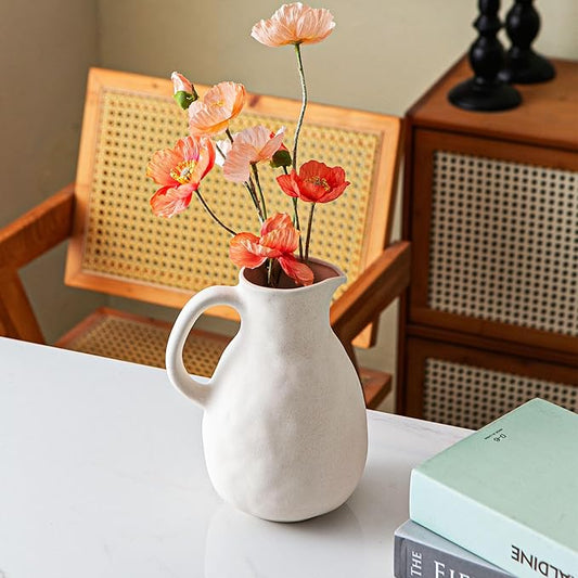 Off White Ceramic Vase with Handle, Pitcher Vases for Modern Farmhouse Home Decor, Small Pottery Flower Jug for Living Room Bedroom Kitchen Office Shelf Decor Centerpiece Table Decoration