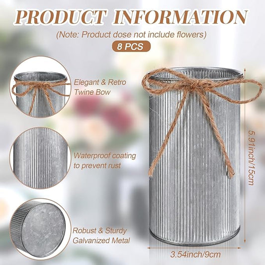 Domensi 5.91 in High Farmhouse Vase Decor Galvanized Metal Flower Vase with Twine Bow Vintage Rustic Tin Flower Buckets for Artificial Floral Table Container DIY(Iron Color,8 Pcs)