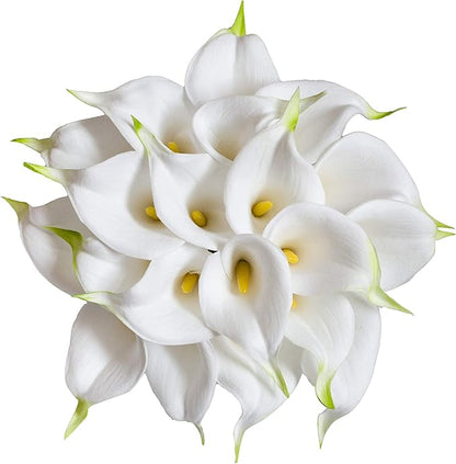 DuHouse 20Pcs Artificial Calla Lily Flower Real Touch Latex Flowers for DIY Wedding Bouquet Party Home Decor (White-Yellow Core)