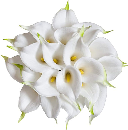 DuHouse 20Pcs Artificial Calla Lily Flower Real Touch Latex Flowers for DIY Wedding Bouquet Party Home Decor (White-Yellow Core)