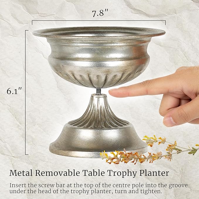 WORTH Small Urn Vases for Centerpieces Set of 2, Classic Metal Trumpet Flower Pots for Table, Bowl Vase for Wedding Party Event Home Deco (Silver, 7.8" Dia x 6.1" H)