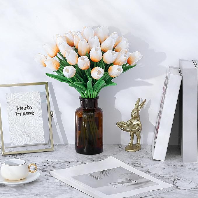 SITUMEIZI 15pcs Tulips Fake Artificial Flowers Real Touch 14" Silk Flower for Home Decor Spring Easter Wedding Bouquet Decorations Floral Arrangements(Light Champagne)