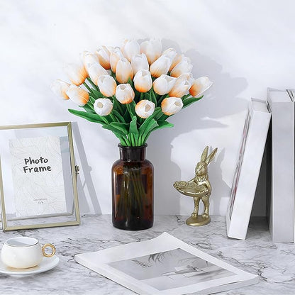 SITUMEIZI 15pcs Tulips Fake Artificial Flowers Real Touch 14" Silk Flower for Home Decor Spring Easter Wedding Bouquet Decorations Floral Arrangements(Light Champagne)