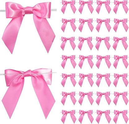 Pink Satin Ribbon Twist Tie Bows 5 Inch Pre-Tied Hot Pink Gift Bows for Crafts, Treat Bags, Party Favors, Wedding, Baby Shower, Candy Apple, Christmas Tree (36 Pack)