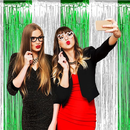 4 Pack Foil Fringe Curtain Backdrop, 3.28Ft x 8.2Ft Metallic Tinsel Foil Fringe Streamers Curtain for Photo Booth, Wedding, Mardi Gras Birthday Carnival St Patrick Day Party Decoration (Silver Green)