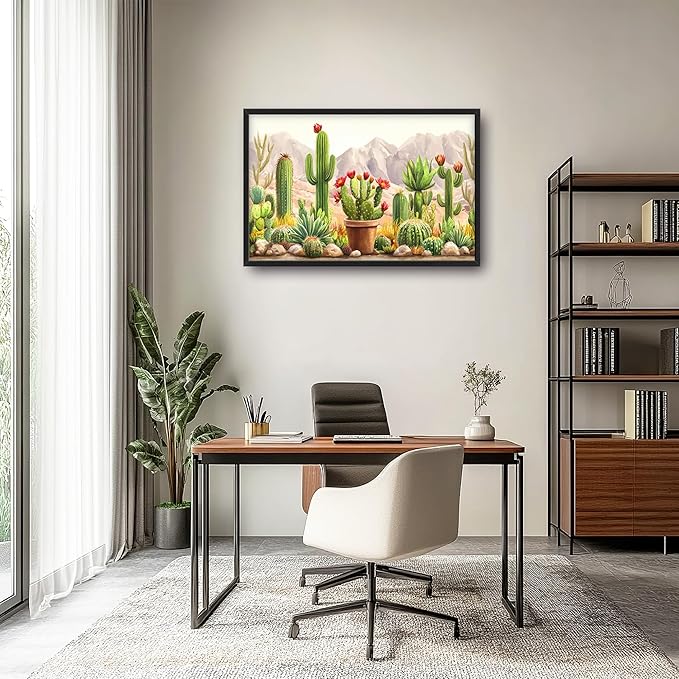 Western Cactus Succulents Large Decor Wall Art Framed Pictures for Living Room, Desert Landscape Oversized Canvas Print Painting Modern Extra Large Framed Artwork for Bedroom Office 36"x24"