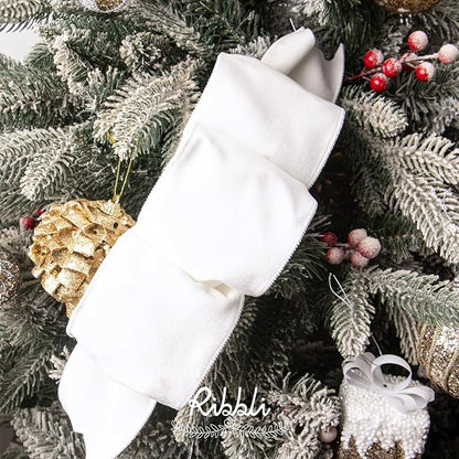 Ribbli White Velvet Wired Ribbon 4 Inch Velvet with Satin Christmas Ribbon for Gift Wrapping Christmas Tree Decoration Crafts Wreaths Supplies-Continuous 10 Yards