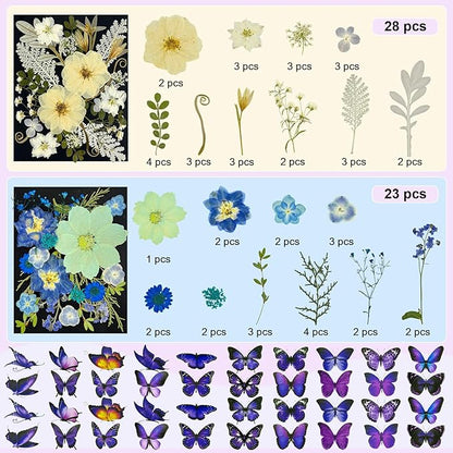 142Pcs Dried Flowers, Dried Pressed Flowers for Crafts, Natural Dried Pressed Flowers for Resin with DlY Butterfly Stickers&Tweezers for Photo Frames, Scrapbooks, Candles, Jewelry Making, Resin Molds