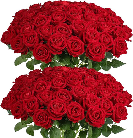 Auihiay 60Pcs Red Roses Artificial Flowers, Velvet Silk Faux Roses, Realistic Red Flowers for Wedding Centerpieces, Cake, Bridal Bouquets, Home Decor, Anniversary, Valentine's Day Decorations