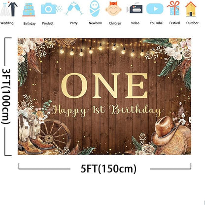 SVBright Western Cowgirl First Birthday Backdrop 5Wx3H One Year Old West Rustic Pampas Grass Country Wooden Flower Retro Boots Hat Decorations Photography Background Banner Photo Booth Studio