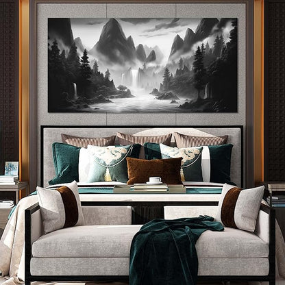 Mountain Pictures for Living Room Black and White Canvas Wall Art for Office Forest Wall Decor for Bedroom Size 29" x 58"