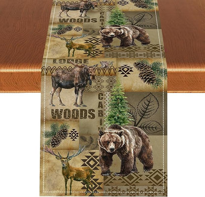 Rustic Cabin Table Runner, Farmhouse Deer Bear Retro Pine Forest Native Aztec Wild Animal Seasonal Coffee Table Center Decor for Home Kitchen Dining Patio Holiday Party Table Decorations 13x72 inches