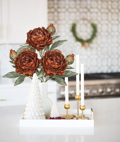 Briful 3PCS Artificial Christmas Peony Flower Stems, 15in Silk Peonies with Bud Fake Peony Floral Arrangement for Xmas Home Vase Party Wedding Bouquet Decor, Bronze