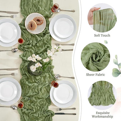 24 Pack Sage Green Cheesecloth Table Runner 10FT Long Boho Gauze Table Runner Rustic Sheer Runner for Wedding Bridal Baby Shower Birthday Party Table Decor Thanksgiving Christmas Decorations