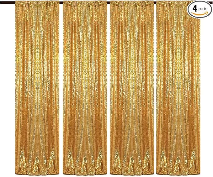 Gold Sequin Backdrop Curtains Glitter Drapes 2FTx8FT 4 Panels for Wedding Birthday Party Decorations Bridal Baby Shower Party Supplies Sparkly Photography Background