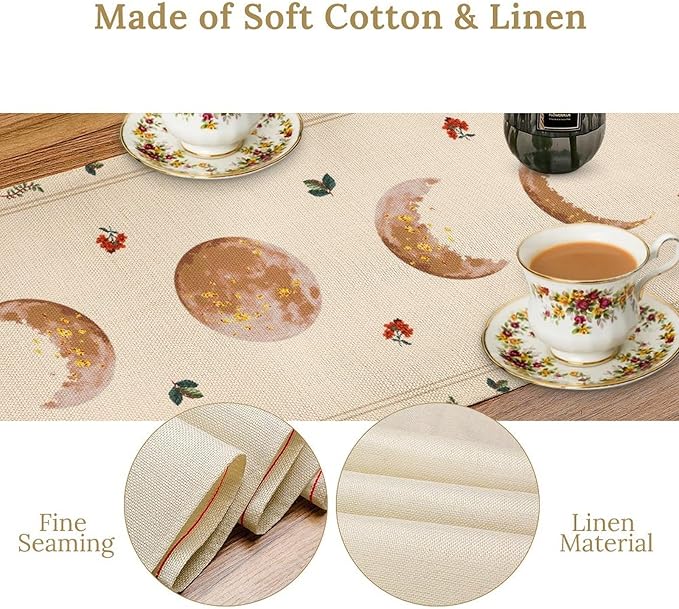 Gothic Moth Table Runner, Boho Floral Gothic Sun Moon Phase Mystical Witchy Starlight Coffee Table Center Decor for Home Kitchen Dining Patio Holiday Party Table Decorations 13x90 inches