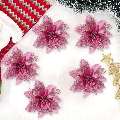 Zhuqing 15Pcs Christmas Poinsettia Artificial Flowers Decorations, Glitter Poinsettia Christmas Tree Ornaments, Black Tree Flowers for Xmas/Wedding/Holiday/Wreath/Garland Decor, with Cilps, 5.5 Inch