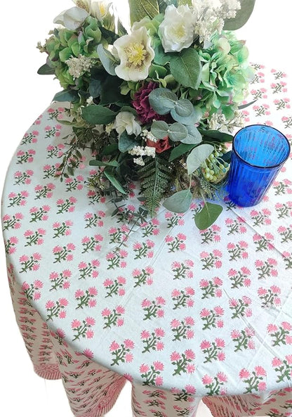 ATOSII Gulbahar White Pink 100% Cotton Spring Summer Round Tablecloth, Block Print Table Cloth for Dining, Weddings, Outdoors, Parties, Grand Millenial Home Decor 72" Inches I