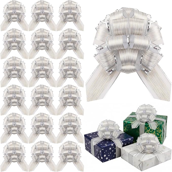 WILLBOND 20 Pieces 6 Inch Pull Bows Gift Wrapping Ribbon Pull Bows for Christmas Wedding Baskets Valentine Multicolor Wrap Accessory for Gift Present Holiday Decor(Silver)