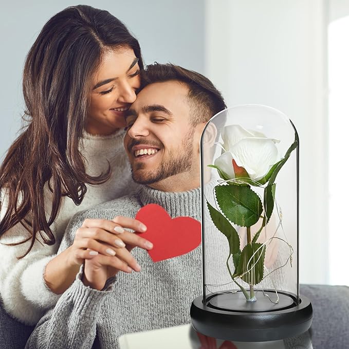 QUELIEN White Roses in Glass Dome,Eternal Rose Gift for Women,Lasts Forever Home Decor,Mother's Day Christmas (White)