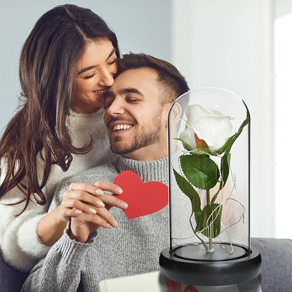 QUELIEN White Roses in Glass Dome,Eternal Rose Gift for Women,Lasts Forever Home Decor,Mother's Day Christmas (White)