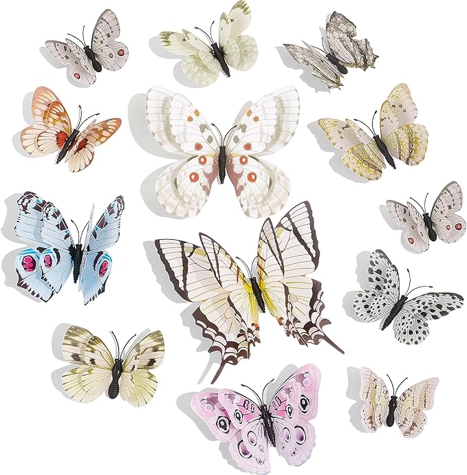 SAOROPEB 3D Butterfly Wall Decor, 48 Pcs Double Layer Butterfly Decorations for Party Decorations Locker Decor Refrigerator Decal, Reusable (White)
