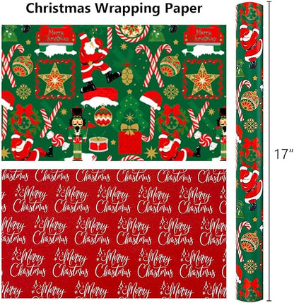 MAYPLUSS Christmas Nutcracker Wrapping Paper Roll - 17 Inch X 33 Feet - Metallic Gift Wrapping Paper Christmas Tree Holly Santa Claus Candy Cane Reversible Snowflakes for Holiday Party New Year Kids