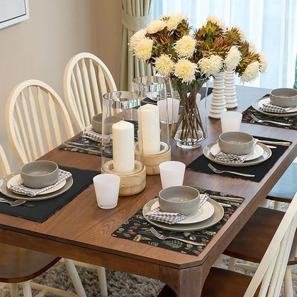 Mushroom Placemats Set of 6,Vintage Gothic Mushroom Fern Kitchen Place Mats Linen 12x18 Inch,Black 6 PCS, Style-5