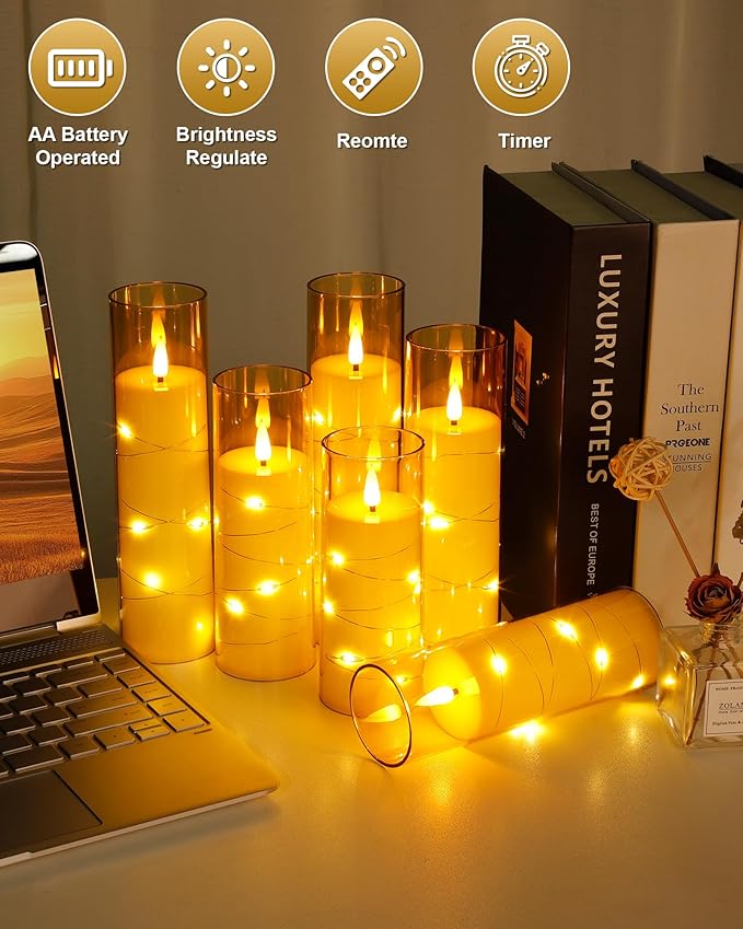 Enido Gold 10 Pc Flameless LED Candles with Remote Acrylic Shell Set Battery Operated, Flickering Electric Lights with Embedded Star String for Cozy Home, Good Holiday Romantic Decor