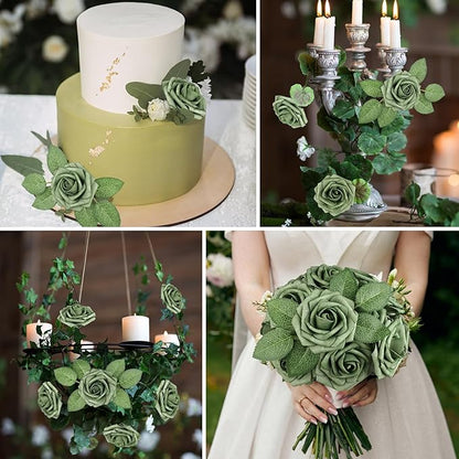 AmyHomie Artificial Flowers Green Rose 25pcs Real Looking Fake Roses w/Stem for DIY Wedding Bouquets Centerpieces Arrangements Party Baby Shower Valentines Day Christmas Tree Decorations
