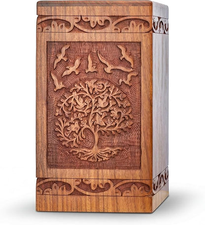 INTAJ Handcarved Wooden Cremation Urn for Human Ashes - Tree of Life Design, 250 lbs Capacity, Suitable for Adult Men and Women - Decorative Funeral Urn Box and Casket - Wooden Carved Box