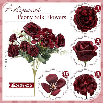 6 Pcs Artificial Peony Silk Florals Fake Mix Silk Peony Rose Faux Flower Hydrangea Bouquet Elegant Realistic Wedding Floral Centerpiece for Home Party Table Arrangement (Red)