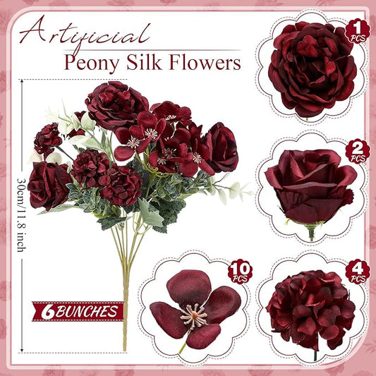 6 Pcs Artificial Peony Silk Florals Fake Mix Silk Peony Rose Faux Flower Hydrangea Bouquet Elegant Realistic Wedding Floral Centerpiece for Home Party Table Arrangement (Red)