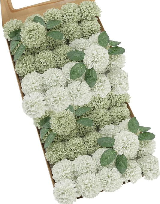 Artificial Flowers, Realistic 50pcs Artificial Rose for DIY Wedding Bouquets Centerpieces Arrangements, Sage Green Dahlia Flowers with Stem for Bridal Shower Party Home Decorations