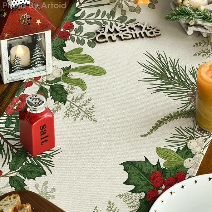 Artoid Mode Holly Pine Cone Christmas Table Runner, Seasonal Winter Kitchen Dining Table Decoration for Home Party Decor 13x60 Inch